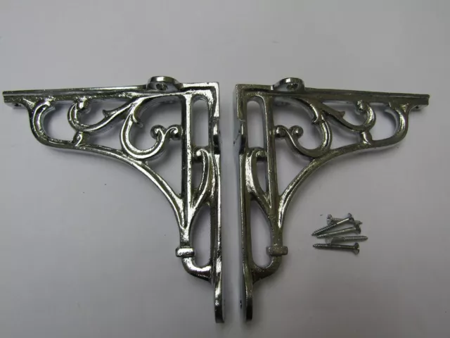 6" PAIR OF CHROME ON IRON  Victorian scroll ornate shelf support wall brackets