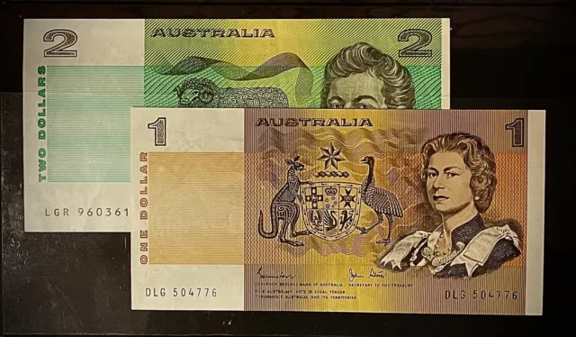 ✅ Commonwealth of Australia $1 One Dollar & $2 Two Dollar Paper Banknote Pair 💵