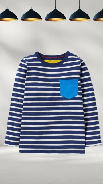 Ex Mini Boden Boy's Long Sleeve Breton T-shirt in Starboard Blue/Ivory (Defect)