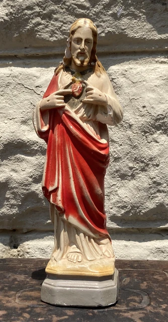 Vintage Jesus Christ Chalkware Sacred Heart Statue 9” Distressed