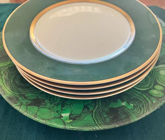 Fitz and Floyd Renaissance dark green gold rim Dinner/salad/dessert plate X4