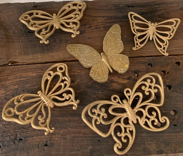 VINTAGE HOMCO GOLD Butterfly Wall Hanging Decor Syroco Faux Wood Lot of