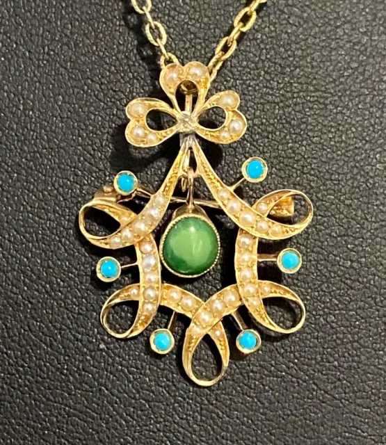 Victorian 15K Solid Yellow Gold W/ Turquoise & Seed Pearl Pendant Brooch 33.90mm