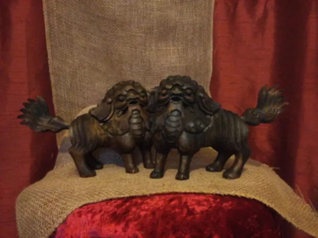 Pair Antique Chinese Hand Carved Wood Temple Foo Dog Lion Statues