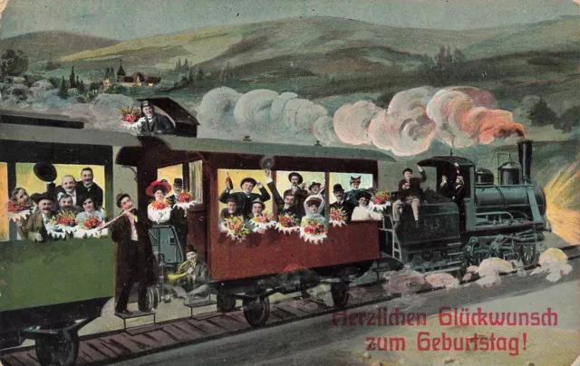 Herzlichen Glückwunsch zum Geburtstag! Eisenbahn Waggons Postkarte AK 1912