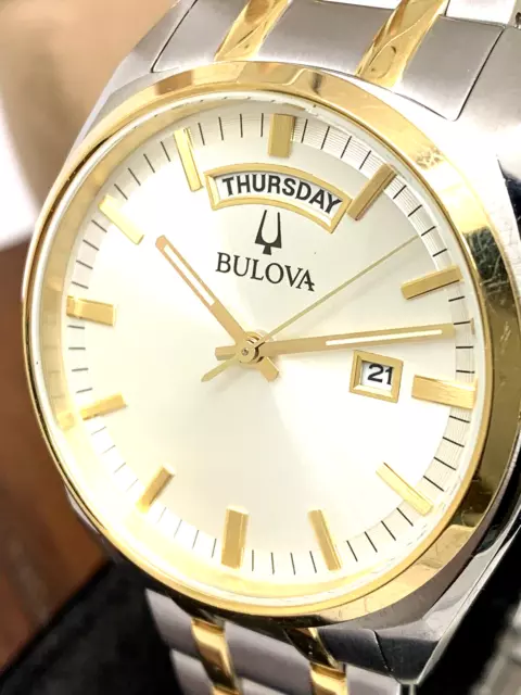 Bulova Men's Watch 98C127 Quartz  Silver Dial Day Date Two Tone Stainless Steel
