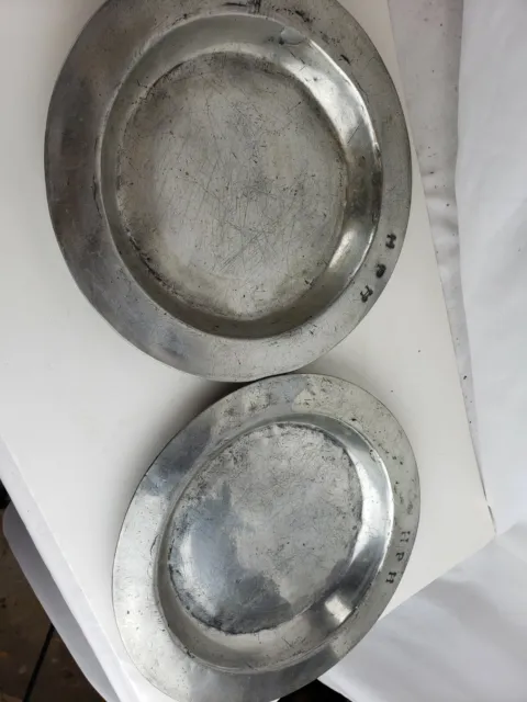 Pair of beautiful large monogrammed antique pewter plates ca. 19th C.