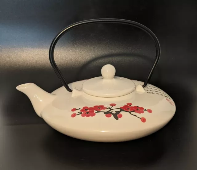 White Porcelain Flat Sake Kettle - Short Teapot Japan Calligraphy - Red Flowers
