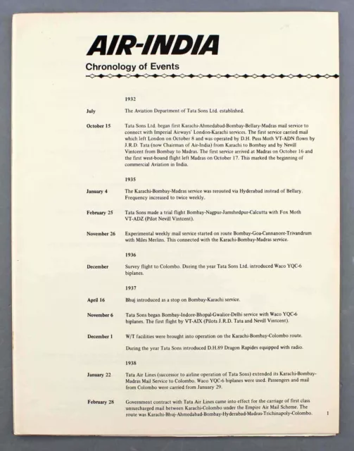 Air India Chronology Of Events Vintage Airline Brochure 1932 - 1968 Ai