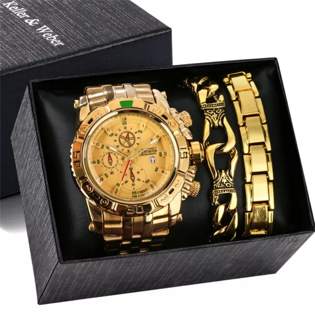 Best Gift Set to Male Fashion Bracelet with Steel Band Date Quartz Wrist Watch