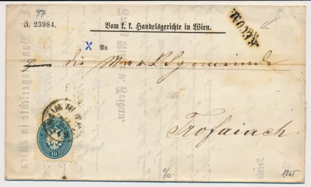 ÖSTERREICH 1865 10kr+10kr REKO-Brief (Inhalt) WIEN nach TROFAIACH. Interessant!