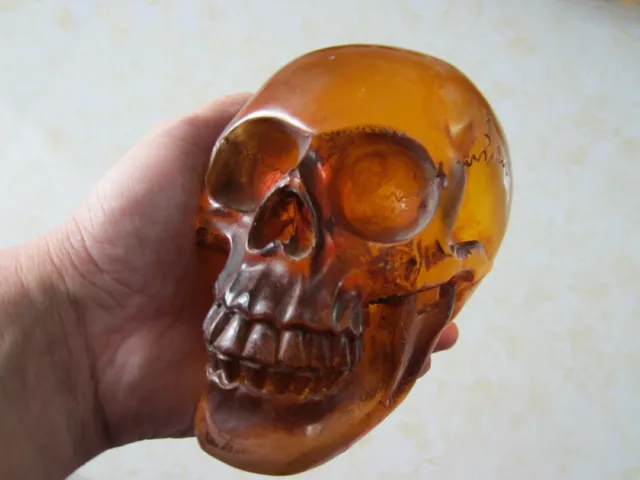 5.6" Old Burmese Amber yellow Carved Crystal Skull, Realistic, Crystal Healing