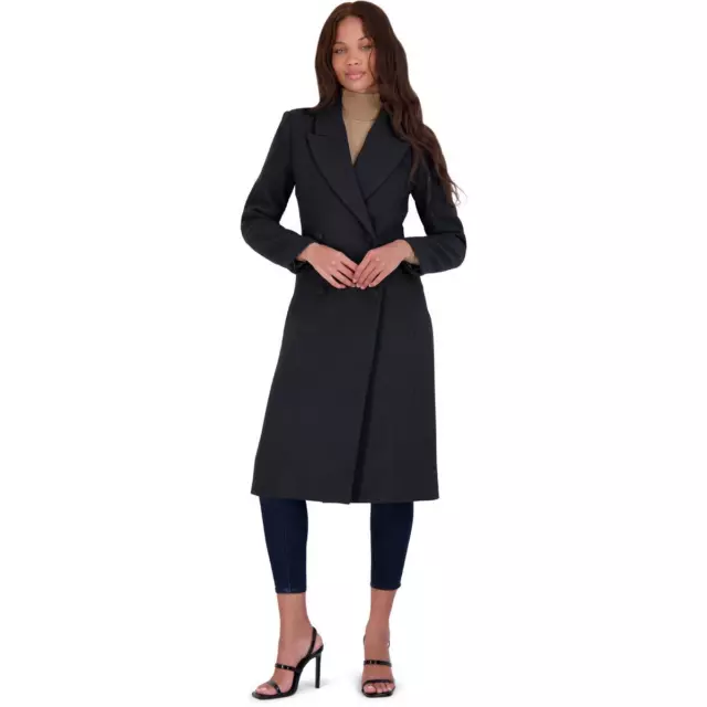 Avec Les Filles Women’s Double Breasted Tailored Wool Blend Coat with Peak Lapel