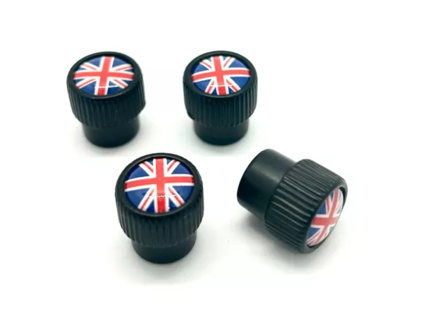 4 Mini UNION JACK Black Metal Tyre Valve Dust Wheel air Caps Cooper UK