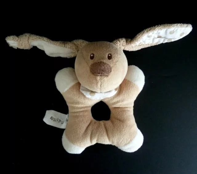 84. Doudou Peluche Hochet Nattou Lapin Blanc Beige Nez Marron Bandana Pois Ttbe