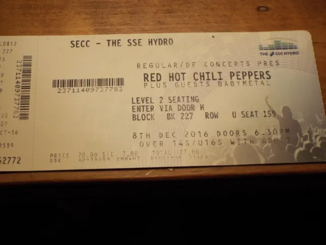 Ticket stub Red Hot Chilli Peppers Glasgow sse gig 2016
