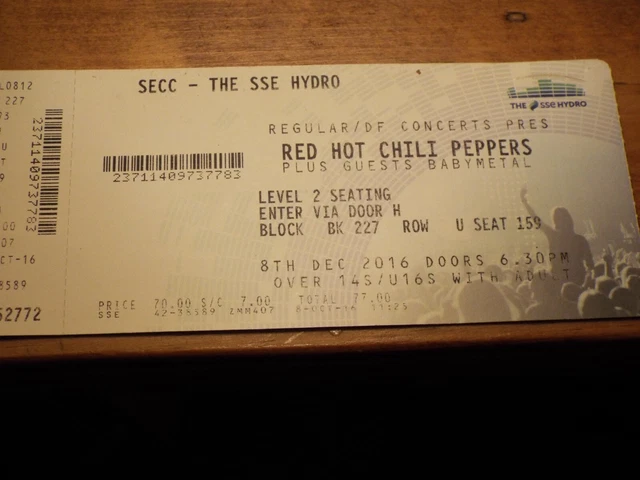 Ticket stub Red Hot Chilli Peppers Glasgow sse gig 2016