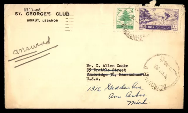 Mayfairstamps Lebanon 1955 St Georges Club Beirut to Ann Arbor MI Cover aaj_5332