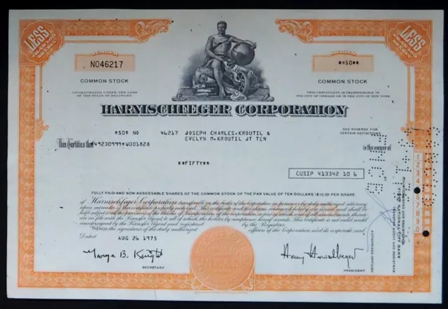 Usa 1975 Certificate 50 Common Stock Shares  Harnischfeger Corporation Delaware