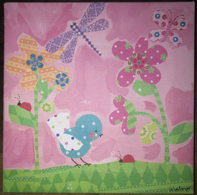 Oopsy Daisy Circo Canvas Wall Art Picture PRETTY PINK FLOWER Blue Bird Dragonfly
