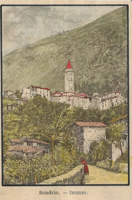 Stampa antica MONTAGNA IN VALTELLINA panorama Sondrio 1891 Antique print