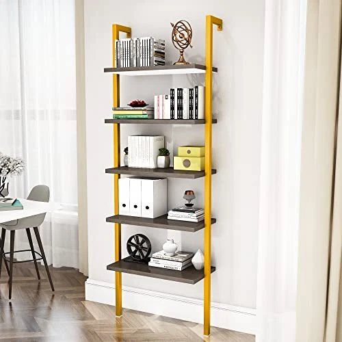 DKLGG WALL MOUNTED Bookcase, Industrial Ladder Bookshelf, 5Tier