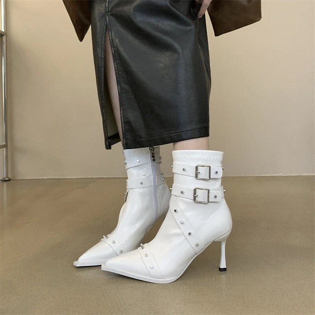 Women High Heel Ankle Boots Pointy Toe Fashion Buckle Short Booties Party Pump