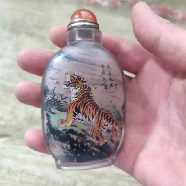 Chinese Reverse Painted Glass Snuff Bottle Inside Forest King Tiger Tigres Gift