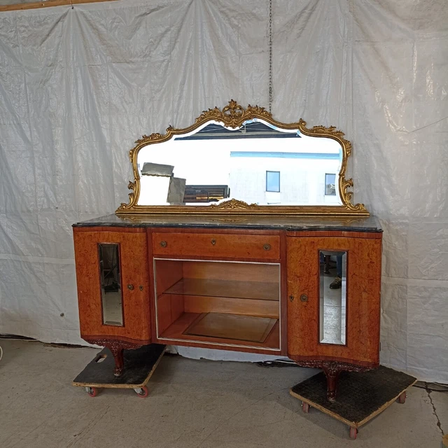 Buffet con specchio Chippendale - In Legno con Radica e Piano in Marmo - Italia