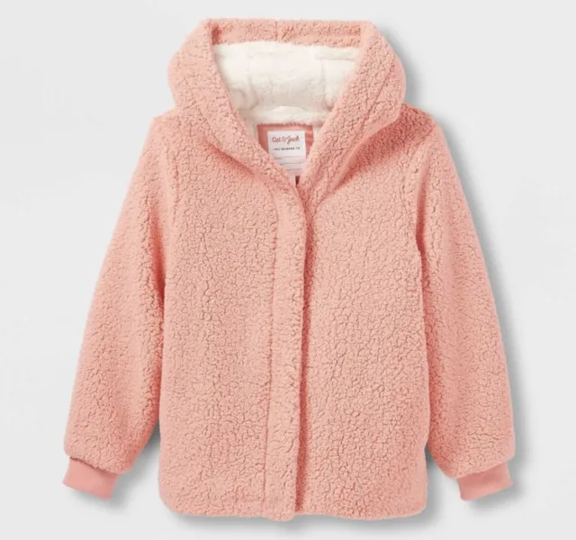 NWT Girls' Sherpa Faux Fur Jacket - Cat & Jack Coral Pink Large (10/12)