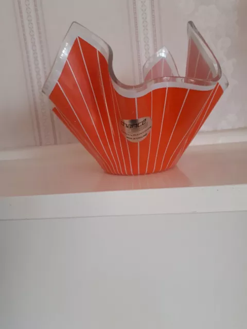 Chance Brothers Orange Striped Handkerchief Vase Vintage Glass Bowl c.1950s