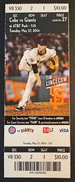 San Francisco Giants Chicago Cubs Baseball Ticket 5/27 2014 Tim Hudson W Posey H