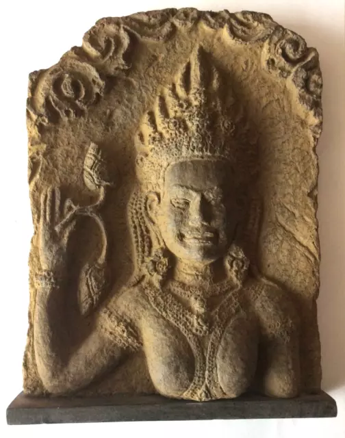 FRESQUE ANGKOR WAT APSARA DANSEUSE Khmère en papier mâché recyclé socle Cambodge