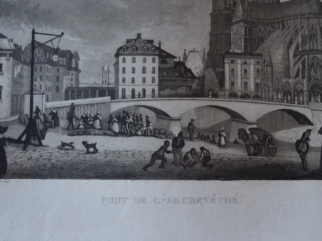 Engraving VUE PARIS PONT ARCHEVECHE SEINE ILE DE LA CITE QUAI MONTEBELLO 1820 3