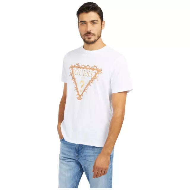 Guess uomo t-shirt bianca maglietta con logo Triangolo oro M4RI62 K9RM1