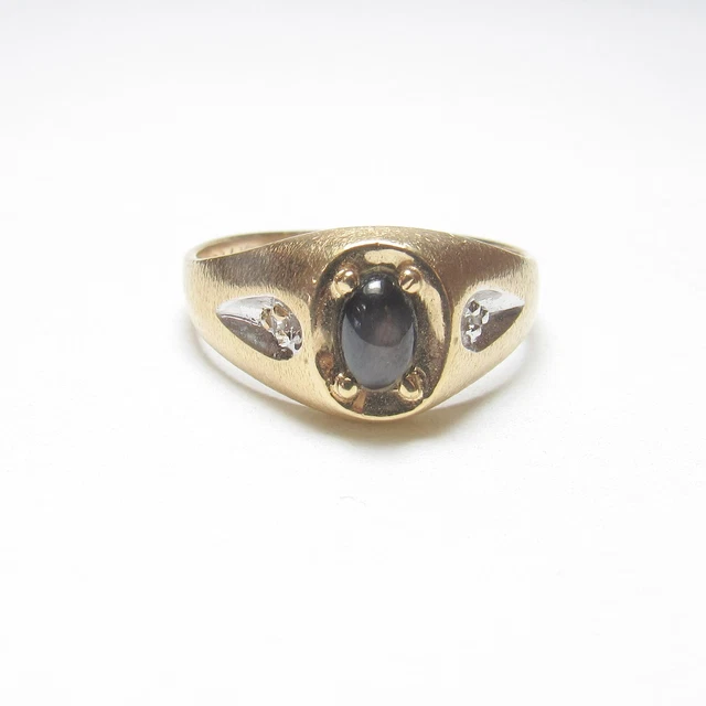 Mens Estate 14K Yellow Gold 0.50 Ct Natural Black Star Sapphire And Diamond Ring