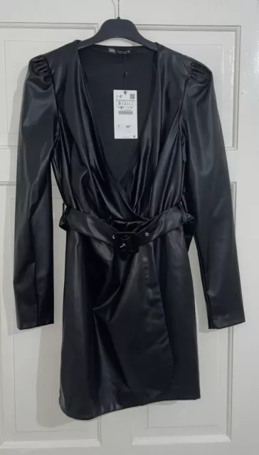 Zara Black Faux Leather Mini V-Neck Wrap Dress With Belt Size S Bnwt