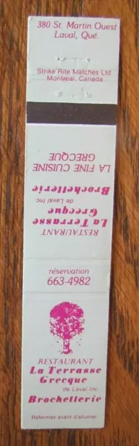 Greek Restaurant Matchbook Matchcover: Terrasse Grecque (Laval, Quebec) -E8