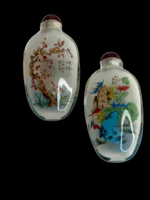 Asian Reverse Painted Glass Snuff/Perfume Bottle Pair In Lined Box. Floral Scene