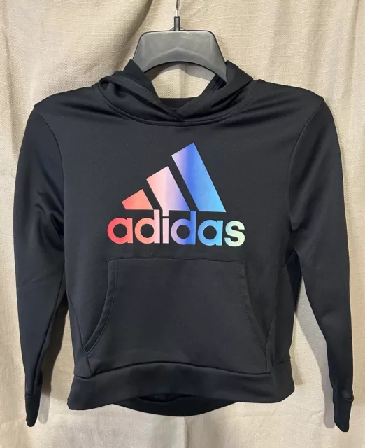 Adidas Girls Hoodie Pullover Sz Medium 10/12 Black With Pink, Purple, And Blue