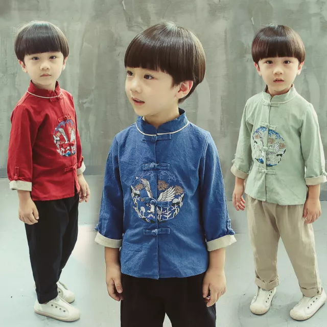 2Pcs Enfants Garçons Neuf An Vêtements Broderie Tang Costume Hanfu Coton Costume