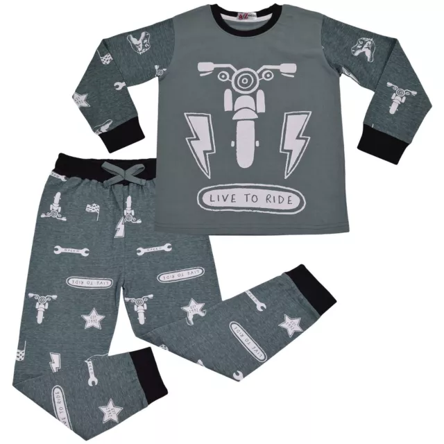 Kids Girls Boys Live to Ride Childrens Pyjamas 2 Piece Cotton PJs Set Nightwear