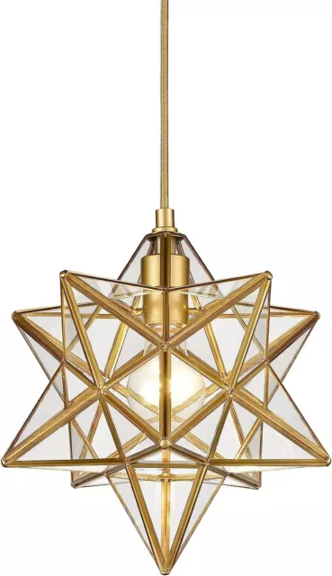 Modern Moravian Star Gold Finish Pendant Clear Glass Hanging Brass Star Light