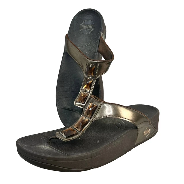 FITFLOP Women's 10 Walkstar Sandal Bronze Jeweled Thong Flip Flop Beach 051-012