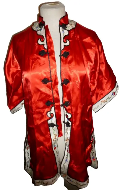 Vintage Golden Bee Red Silk Chinese Embroidered Robe Coat KIDS XL 8-10 Shirt