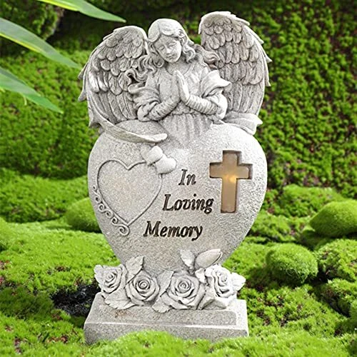 Garden Angel Statue Sympathy Gift with Cross Solar LED Light, Human Memorial