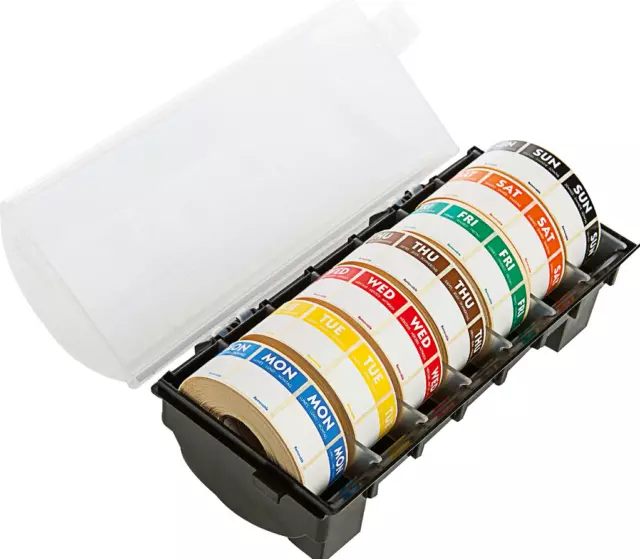 Food Storage Labels in Dispenser with 7 Day Dot Rolls of 1000 Square Stickers