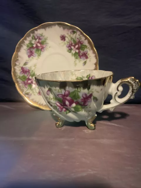 Footed Napco China Hand Painted  Cup & Saucer SD180 African Violet Flowers