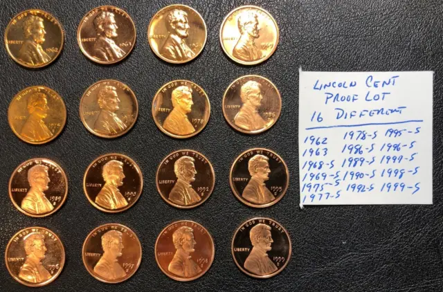 (16)x PROOF Lincoln Memorial One Cent US Penny DIFFERENT Coin Starter Set Lot
