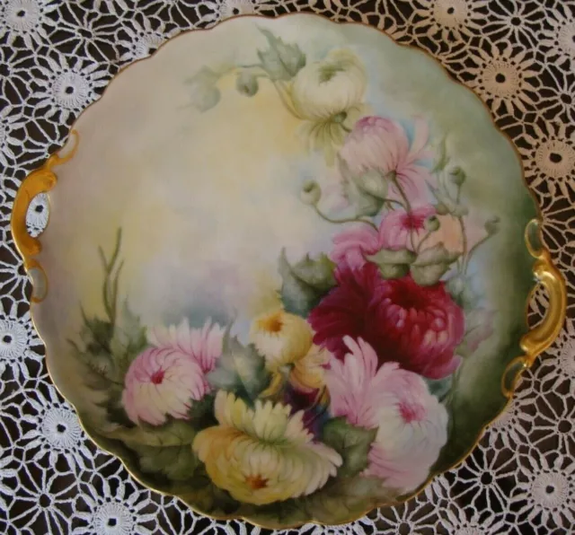 Antique Hand Painted Unmarked Limoges Cake Plate Serving Tray, Floral & Gold 10"